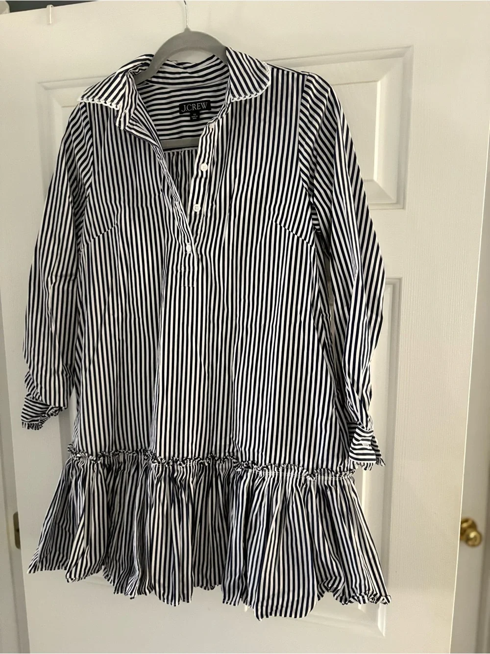 J. Crew Amelia Dress Navy and White Striped Ruffle Hem Shirt Dress